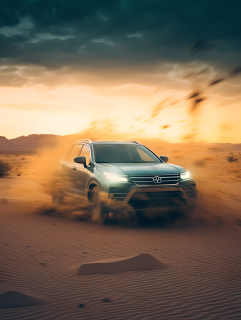 闪烁夕阳中的沙漠飙车摄影图