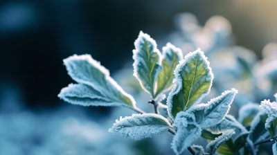 绿色树叶上的霜摄影图片