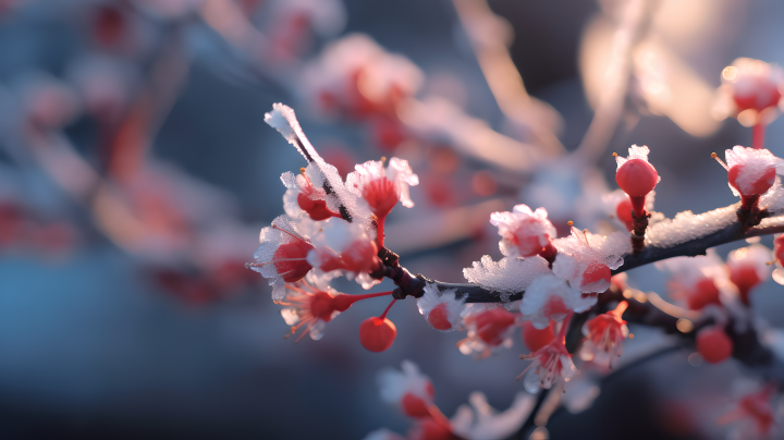 秋霜覆盖的红色果实近景摄影图版权图片下载