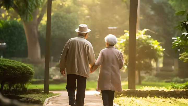 秋天公园散步的老年夫妇摄影版权图片下载