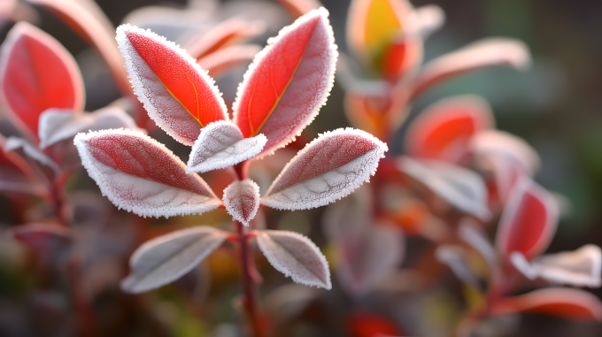 霜染秋叶近景摄影图