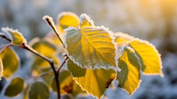 夕阳下秋霜覆盖的叶子摄影图片