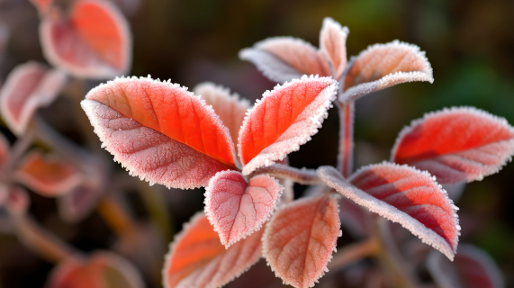 秋霜遍布的红色叶子摄影图