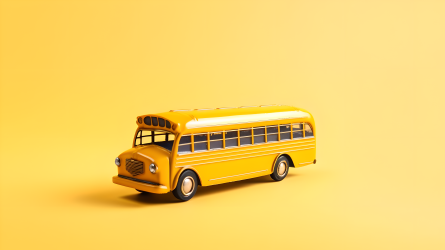 黄色背景上的校车玩具摄影图片