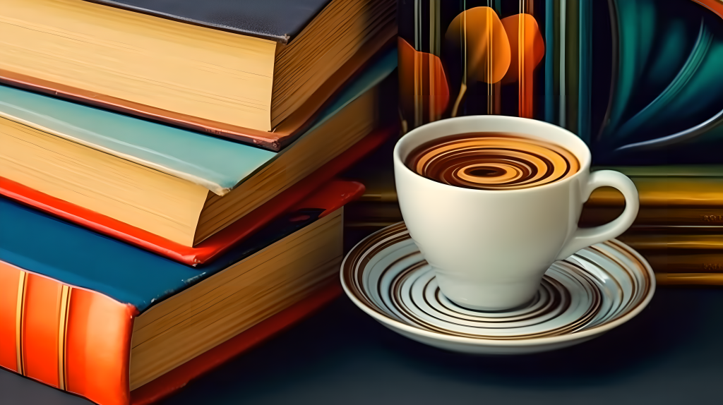 柔和青蓝色的书和杯子摆放在木桌上摄影图片