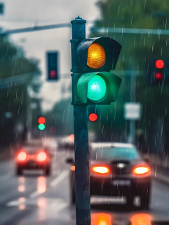 雨幕中的红绿灯和汽车摄影图片