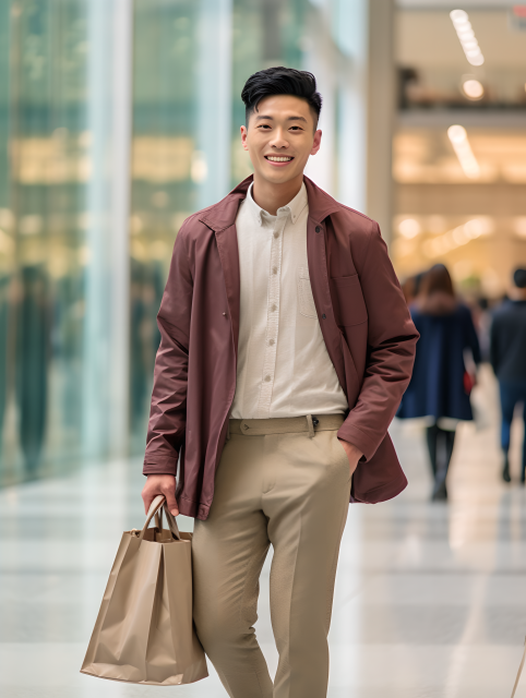 时尚年轻人微笑穿梭商场，手握购物袋摄影图片