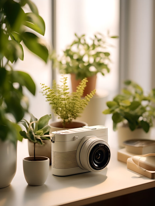 室内绿植摆件白色照相机摄影版权图片下载