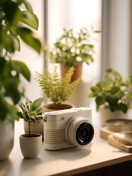 室内绿植摆件白色照相机摄影图片