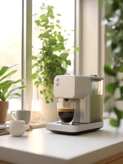 新鲜绿植和白色咖啡机摄影图片
