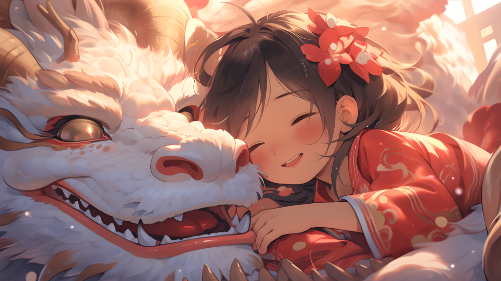 梦幻唐朝童子与云中超萌龙摄影版权图片下载