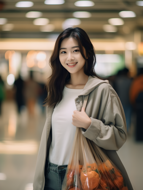 青年微笑着手拿多个购物袋的摄影图片