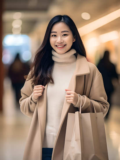 时尚青年拎着购物袋在商场行走，微笑摄影图