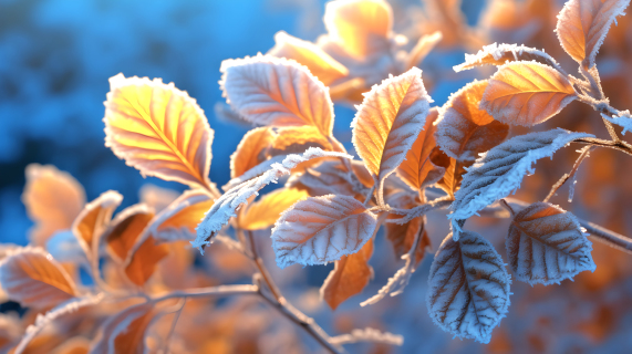 冬天树叶上的霜明亮的阳光下的摄影图片