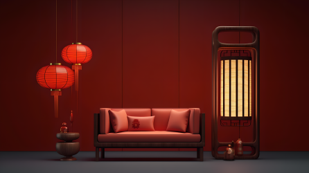 传统纯味中式红灯笼灯与小沙发摄影图片