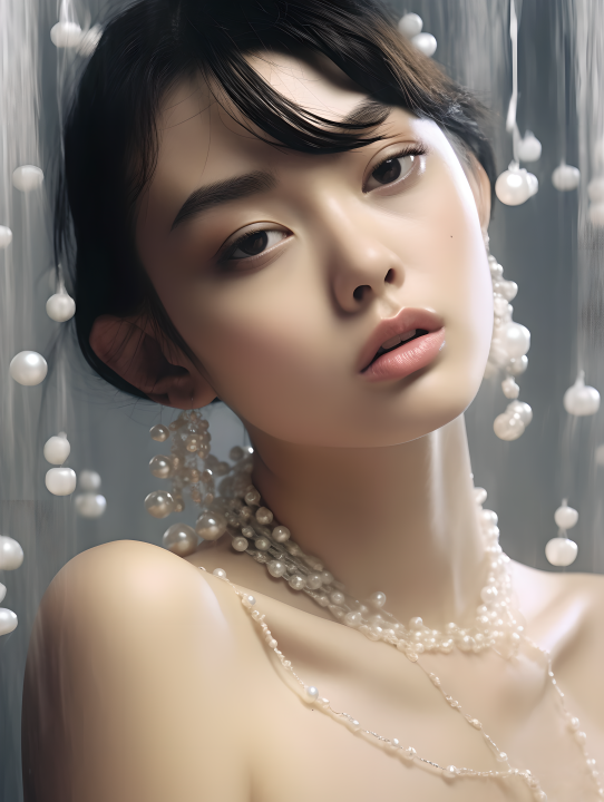 珍珠背景可爱女模戴珠宝特写摄影图版权图片下载