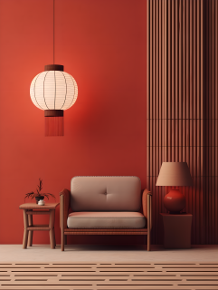 传统中式红灯笼灯和小沙发摄影图片