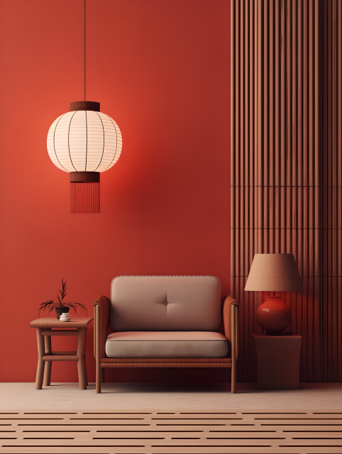 传统中式红灯笼灯和小沙发摄影图片