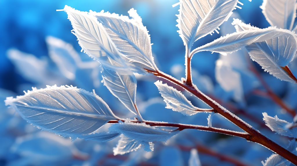 暖阳照耀下的树叶上的霜摄影图