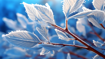 暖阳照耀下的树叶上的霜摄影图