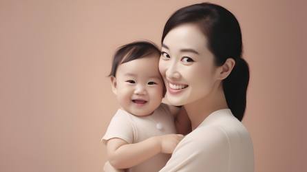 中国一岁宝宝与年轻美丽母亲摄影图