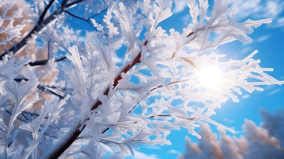 树叶上的霜湛蓝的天空高清多细节摄影图