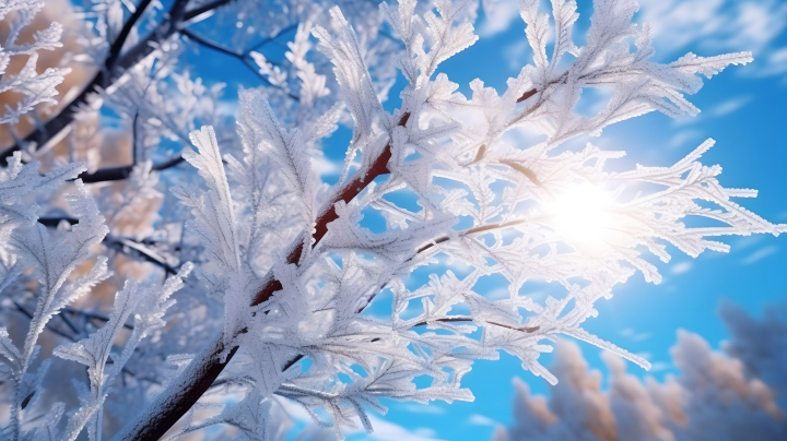 树叶上的霜湛蓝的天空高清多细节摄影图版权图片下载