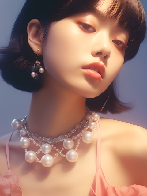 迷人女模特佩戴珍珠珠宝的近景摄影图片