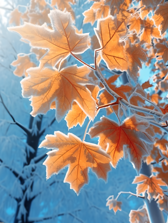阳光璀璨下的树叶霜华摄影图版权图片下载