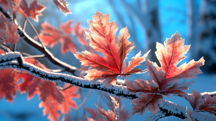 冬日树叶上的霜摄影图版权图片下载