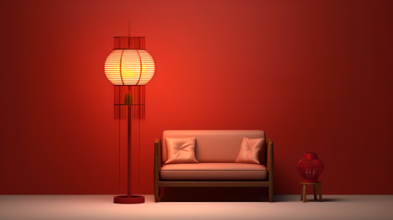纯味中式红灯笼台灯与小沙发摄影图