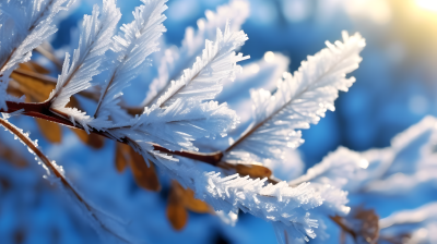 明亮的阳光下结霜的树叶摄影图片