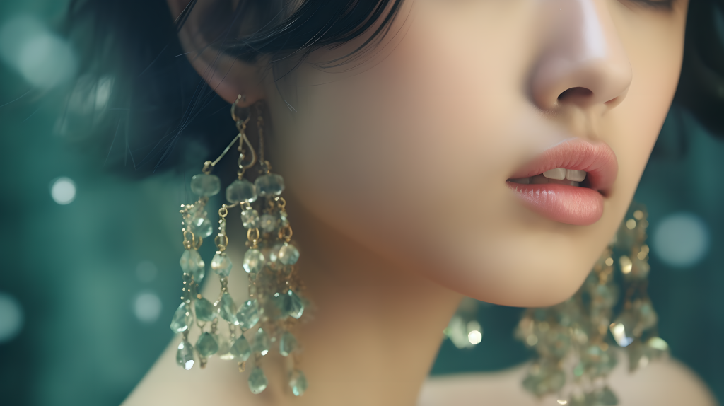 精美翡翠耳饰女模特佩戴特写摄影图片