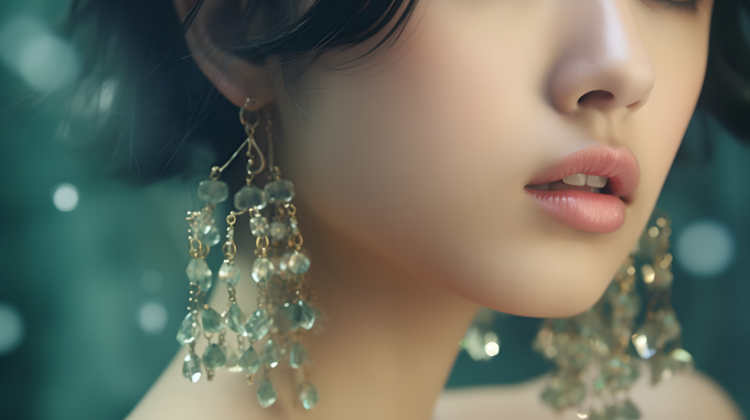 精美翡翠耳饰女模特佩戴特写摄影图片