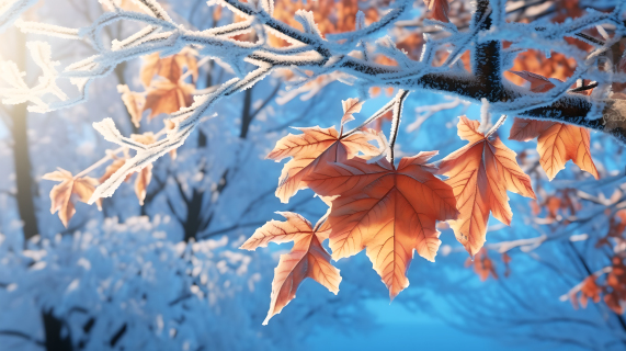 明亮的阳光下树叶上的霜的摄影图片