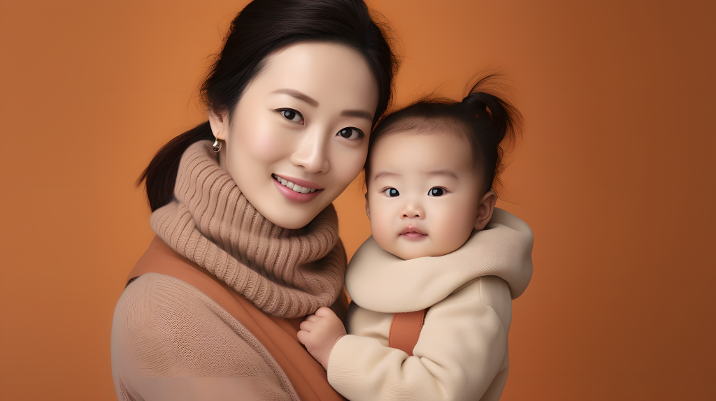 中国一岁宝宝与年轻美丽母亲的摄影图片