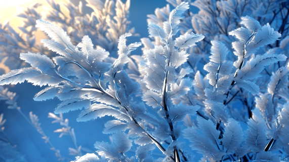 树叶上的霜明亮的阳光湛蓝天空的摄影图片