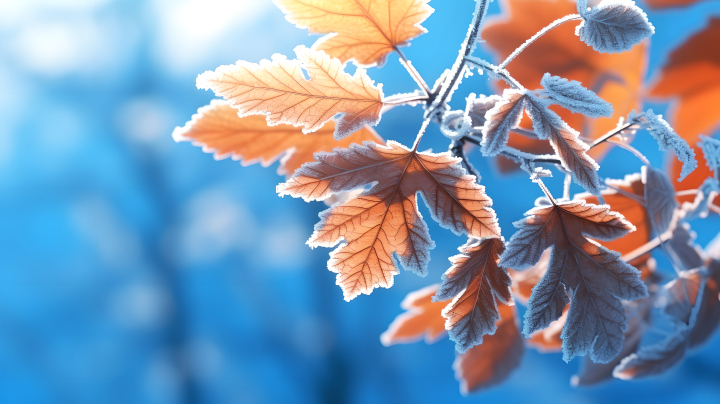 冬日树叶上的霜摄影图版权图片下载
