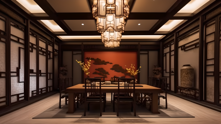 中式木质室内装饰效果摄影图