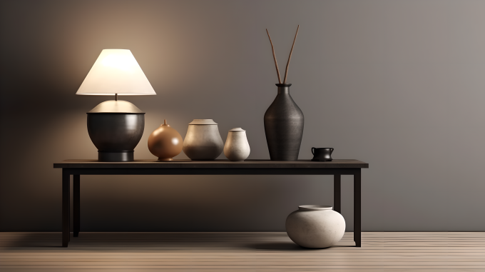 东方红木家具极简风格灯具配桌摄影图片