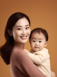 温馨快乐的中国宝宝与美丽年轻母亲摄影图片