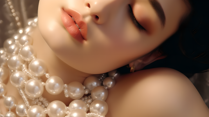大直径珍珠项链可爱女模佩戴摄影版权图片下载