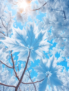 树叶上的霜蔚蓝的天空摄影图片