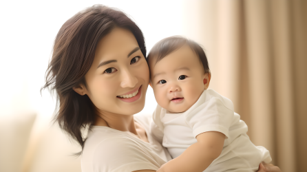 温馨快乐一岁宝宝与美丽年轻妈妈的实景摄影图