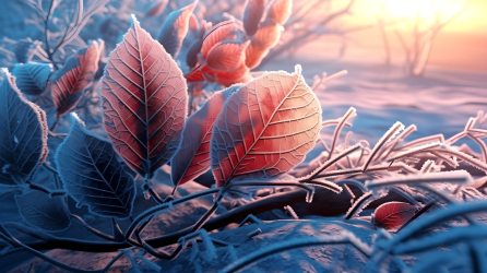 冬日树叶上的霜明亮阳光下的摄影图片