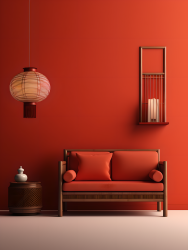 中式红灯笼和木质小沙发摄影图片