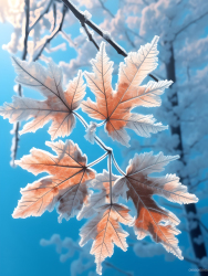 树叶上的霜明亮的阳光摄影图片