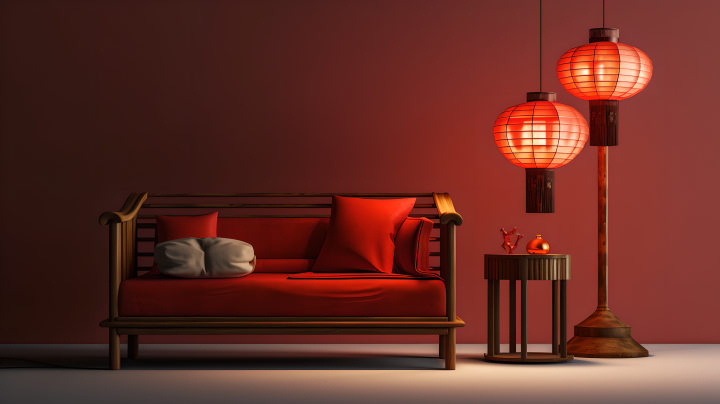 传统中国红灯笼和小沙发摄影版权图片下载