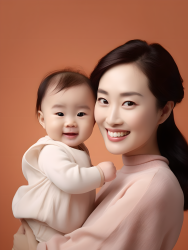 温暖幸福的中国一岁宝宝和年轻美丽的母亲摄影图