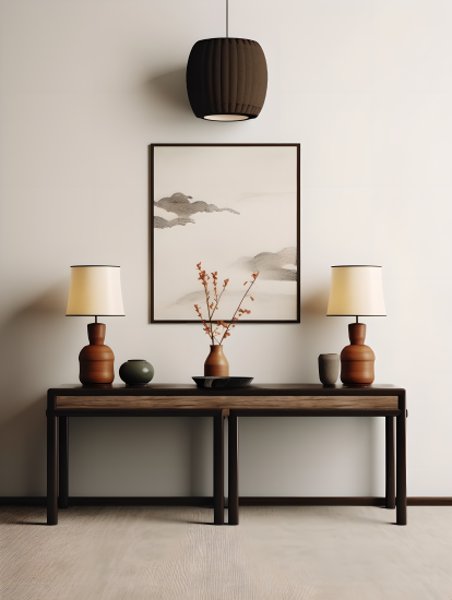 极简风格灯具装饰的桌子摄影图片